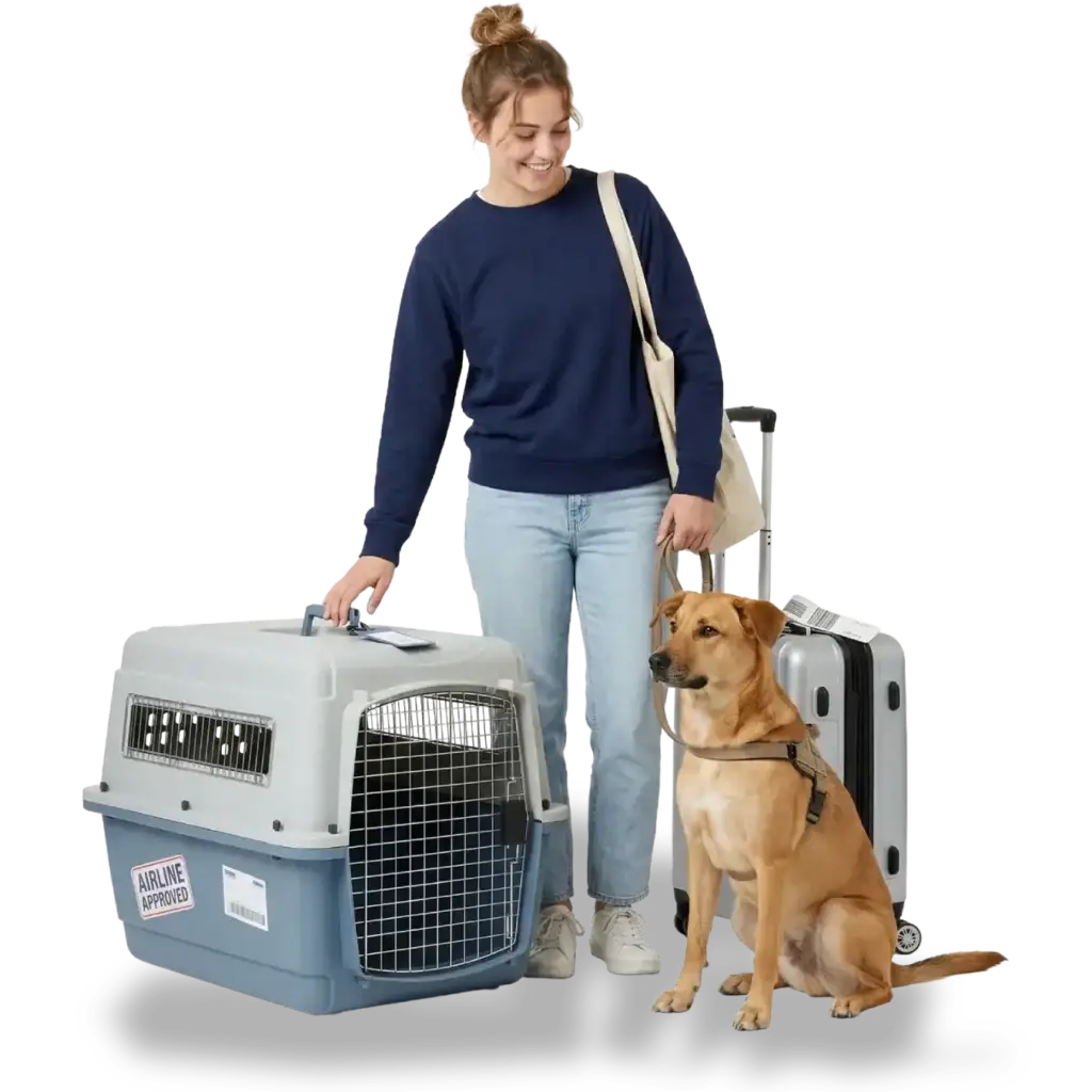 Persona-con su mascota-esperando su viaje